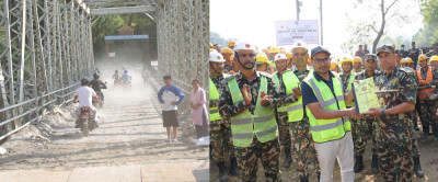  नेपाल सेनाद्वारा आरुघाटमा बेलिब्रिज जडान सम्पन्न : गोरखा-धादिङ सडक सम्पर्क पुनःस्थापित 