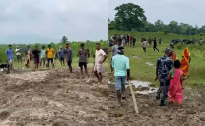 सुस्तामा स्थानीयवासीले निर्माण गरेको अस्थायी बाँध भारतीय एसएसबीले भत्काइदियो 
